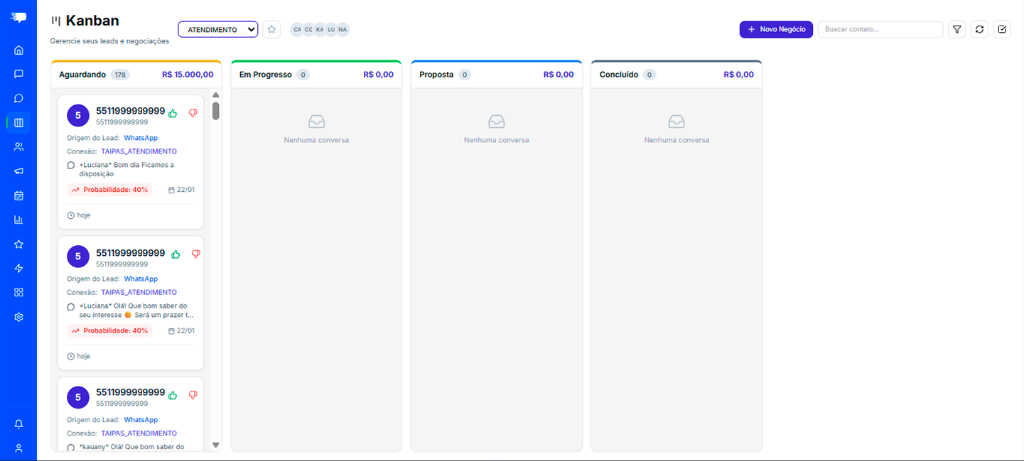CRM Kanban do WhatsJá mostrando gestão de leads e vendas